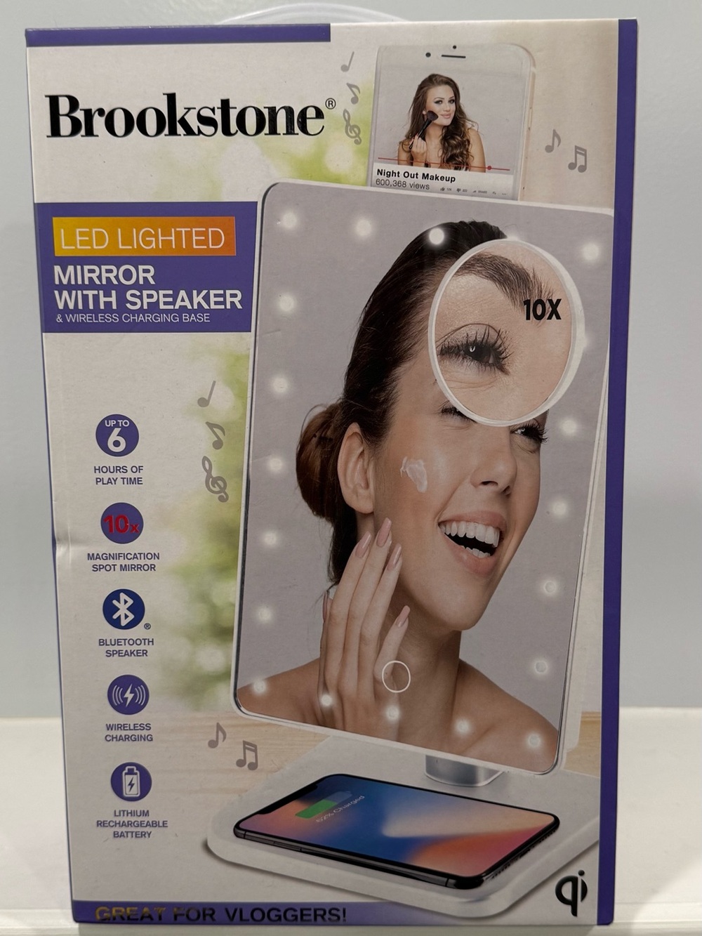 Brookstone White LED Lighted Vanity Mirror with Speaker & Wireless Charging